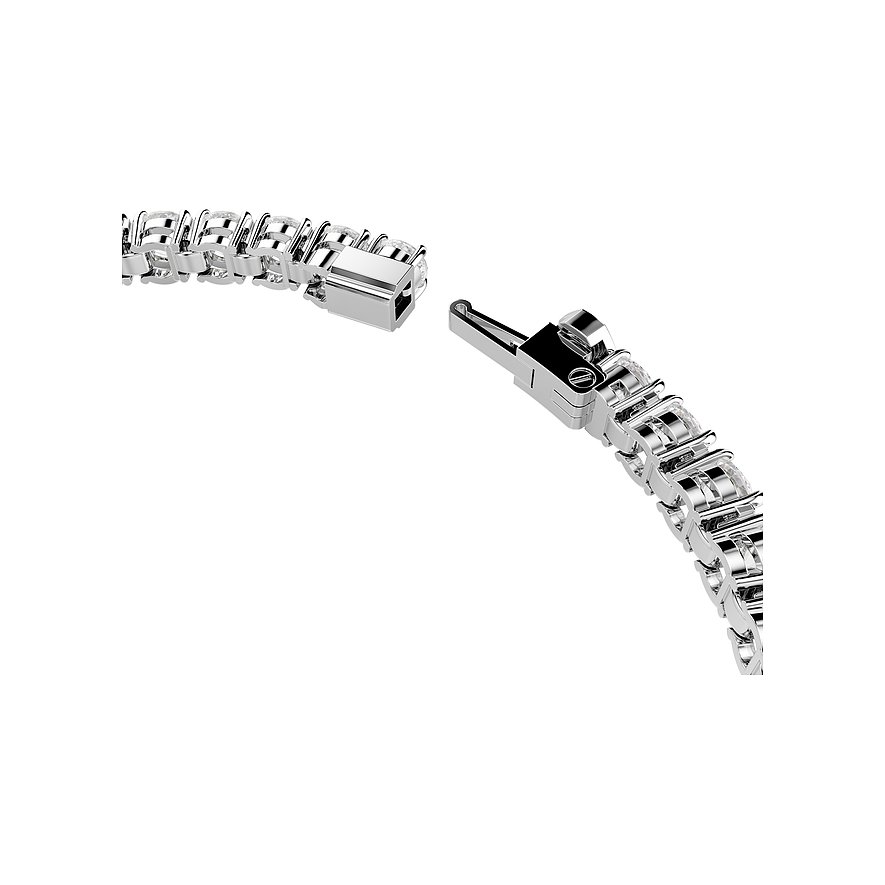 Detailaufnahme des Verschlusses eines Swarovski Armschmucks aus Metall mit funkelnden Swarovski-Kristallen.