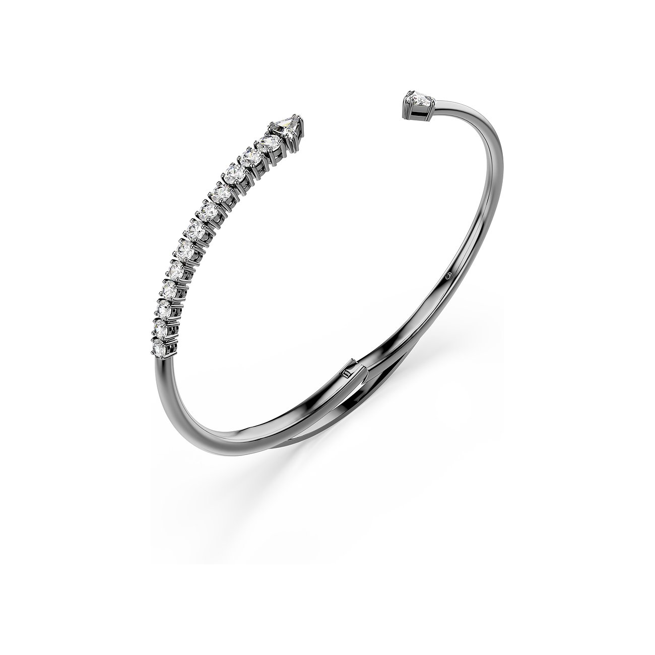 Swarovski metalen armband met fonkelende kristallen op de bovenste helft en een enkele steen aan het uiteinde.