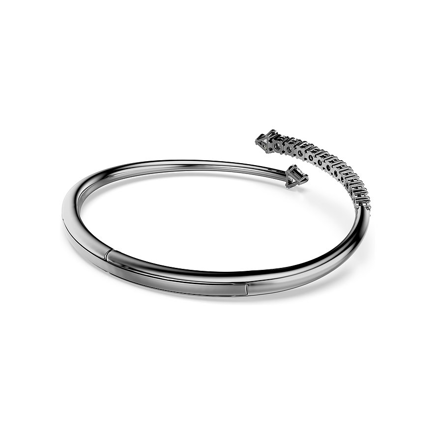 Een glanzende, donkergrijze Swarovski metalen armband, versierd met een rij fonkelende Swarovski-kristallen.