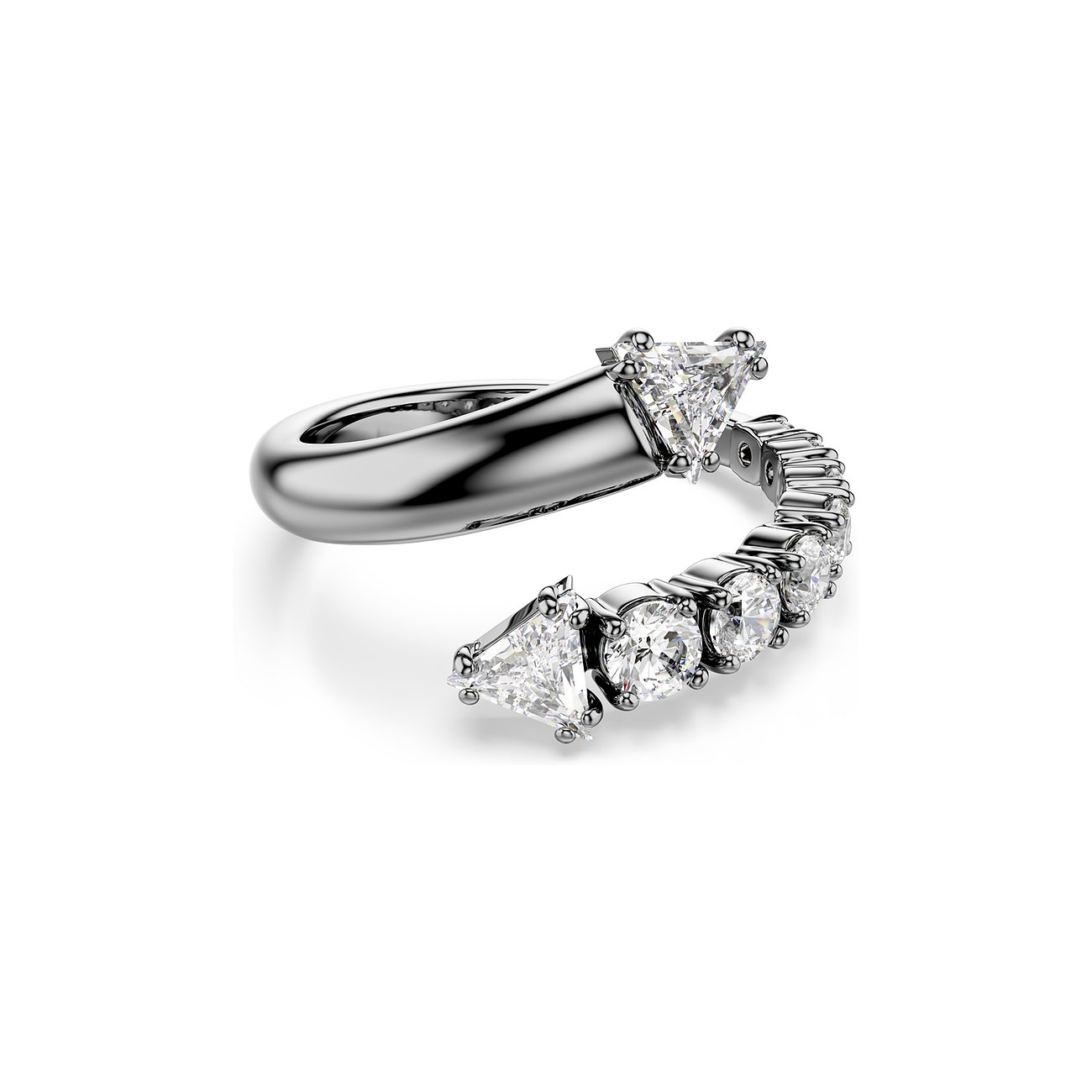 Swarovski metalen ring met heldere kristallen. Open ring met twee symmetrisch geplaatste driehoekige stenen.
