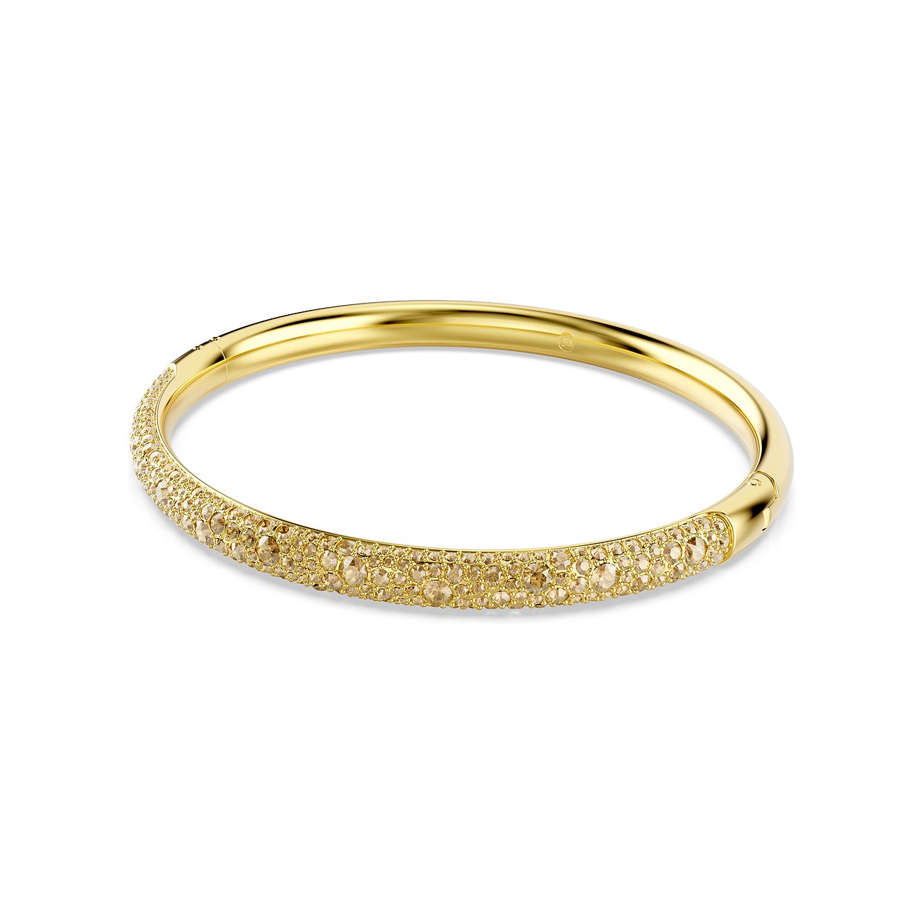 Glanzende Swarovski-armband van goudkleurig metaal, bezet met sprankelende Swarovski-kristallen in bruintinten, van bovenaf.
