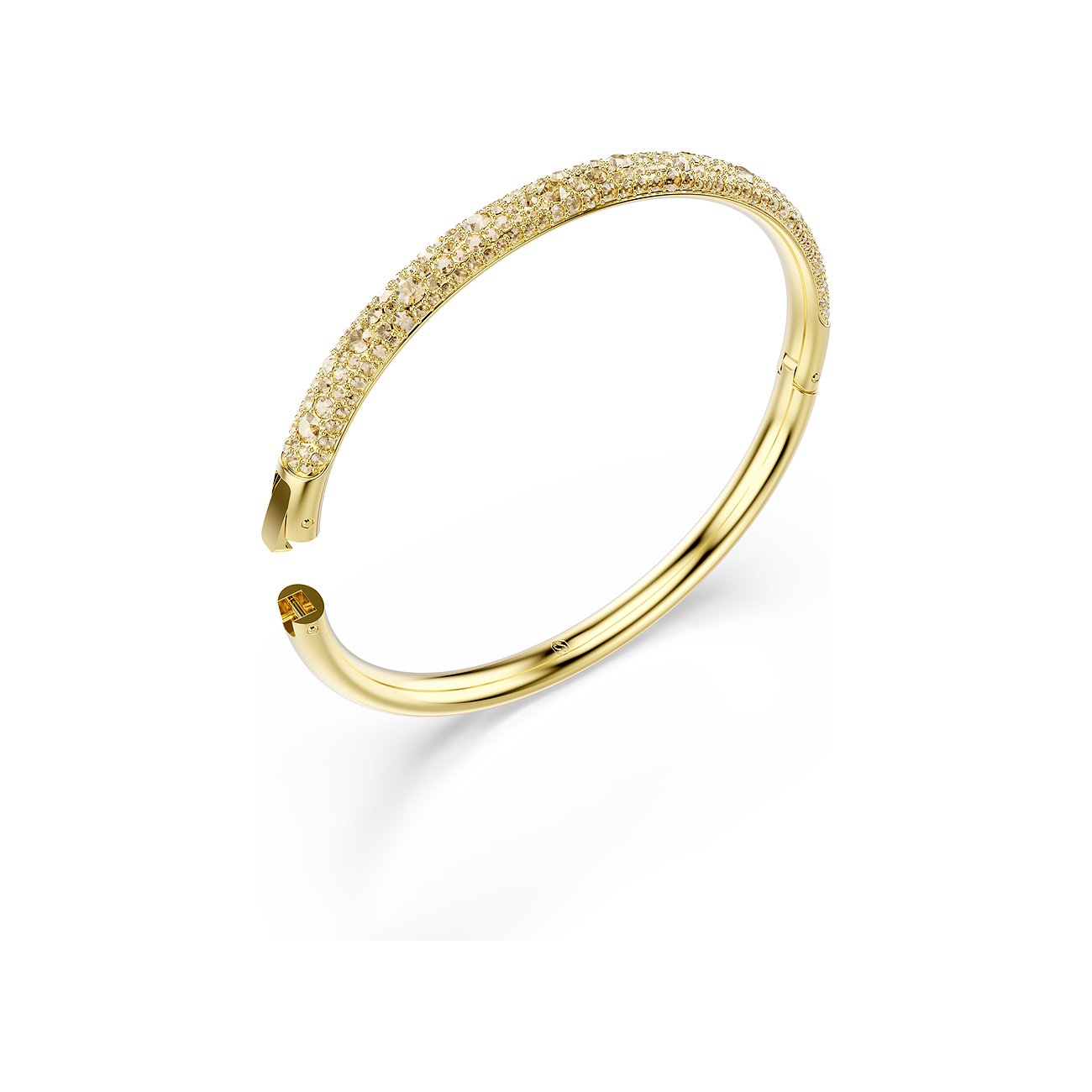 Een open Swarovski armband van goudkleurig metaal, bezet met fonkelende Swarovski kristallen.