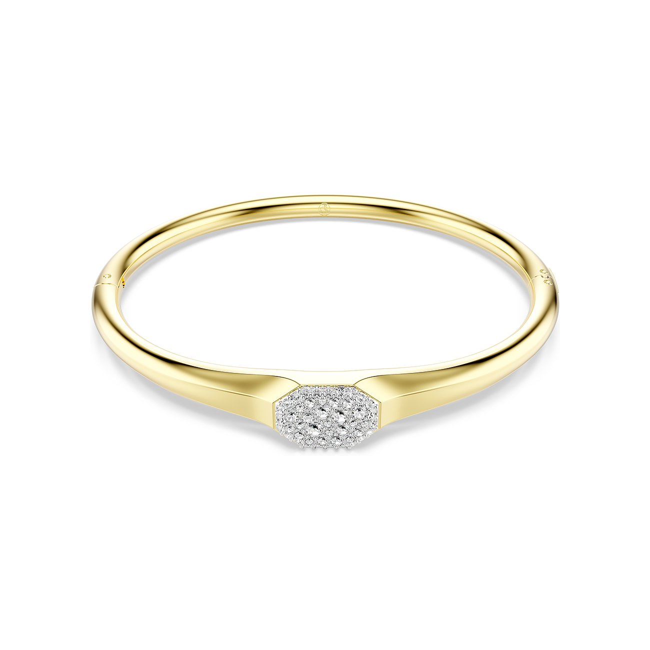 Swarovski bangle van goudkleurig metaal, bezet met een achthoekig ornament met glitterstenen.