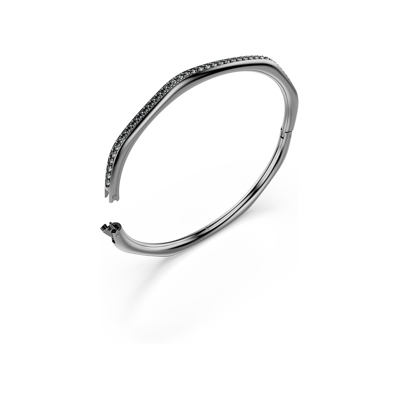 Swarovski metalen armband, open afgebeeld, met een rij donkergrijze Swarovski kristallen langs de bovenrand.