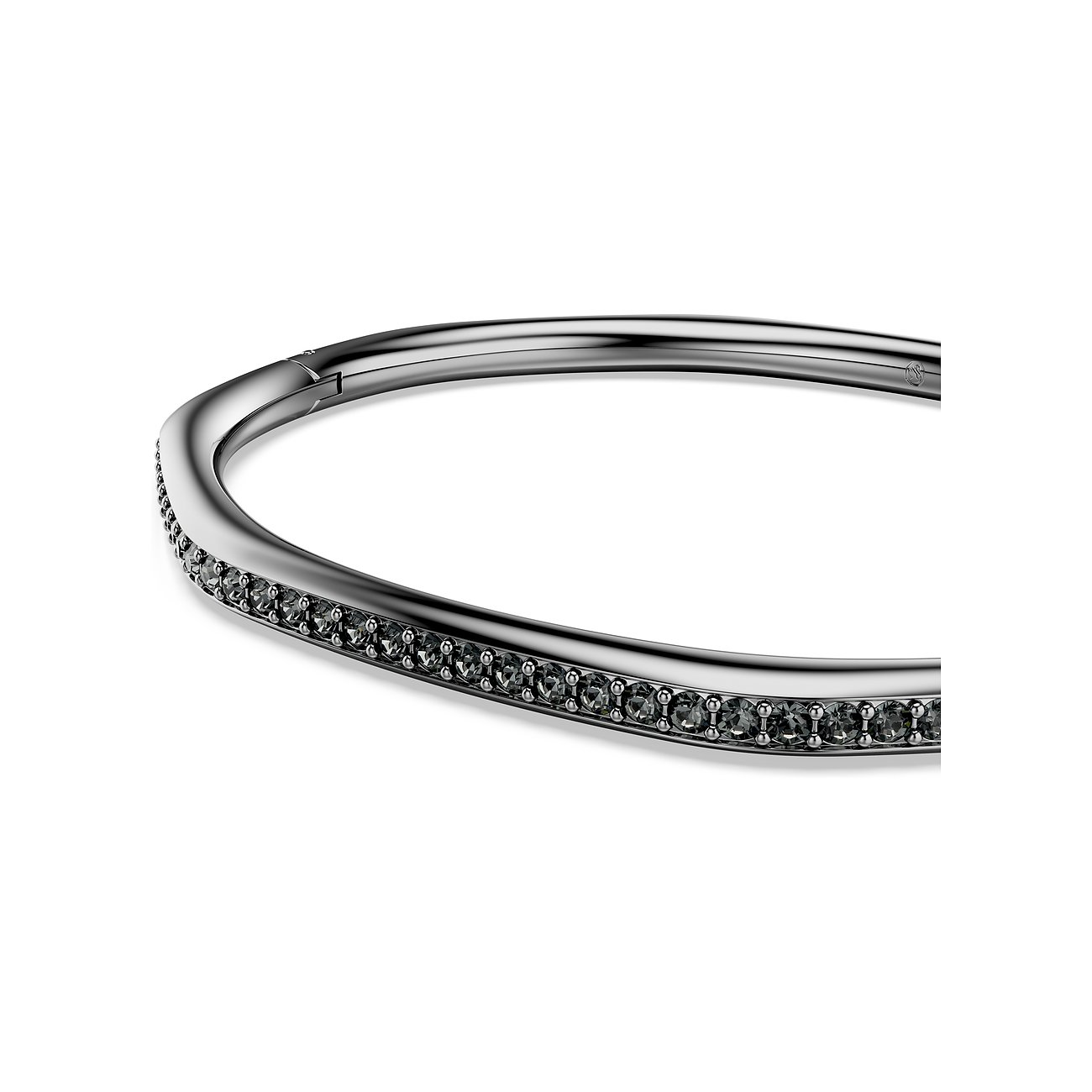 Een glanzende, antracietkleurige Swarovski metalen armband, bezet met een rij fonkelende grijze kristallen.