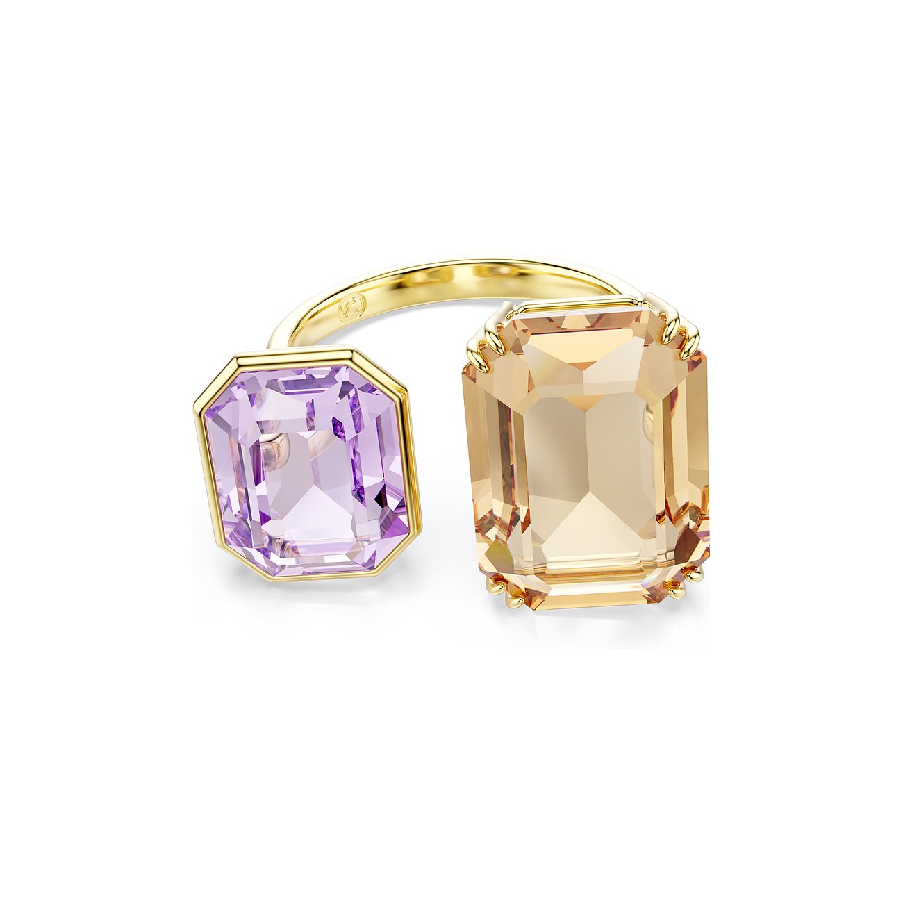 Swarovski ring van goudkleurig metaal met een paars en een champagnekleurig achthoekig Swarovski kristal.