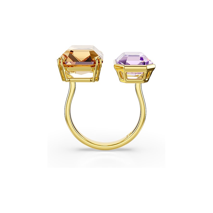 Swarovski ring van goudkleurig metaal met twee gefacetteerde Swarovski kristallen: één geel en één violet.