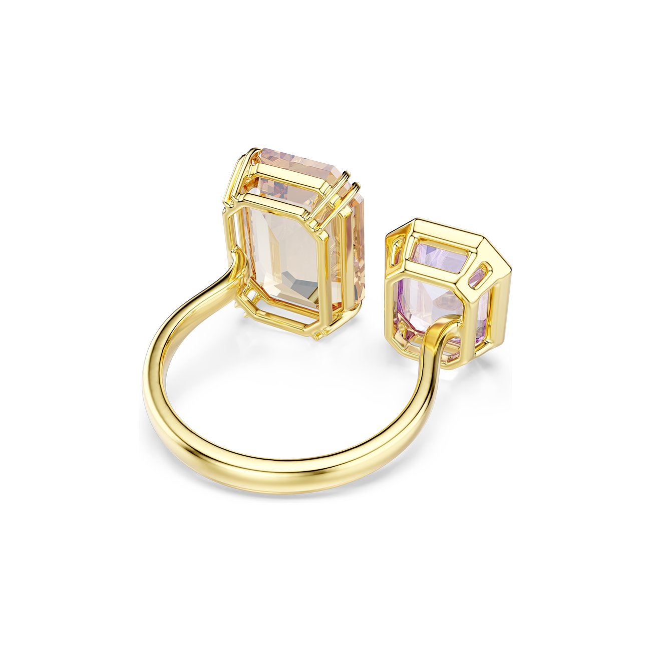 Een open Swarovski metalen ring met twee roze en violette rechthoekige Swarovski-kristallen in een gouden zetting.
