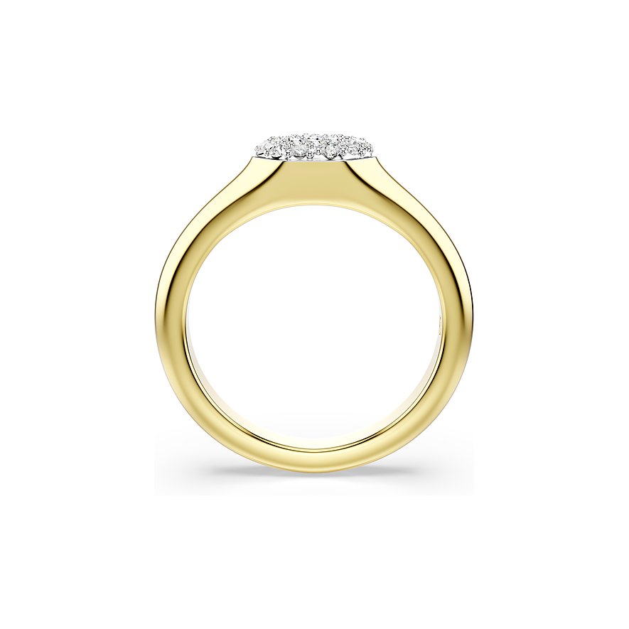 Goldener Swarovski-Ring von der Seite, Oberseite mit funkelnden Swarovski-Kristallen besetzt.