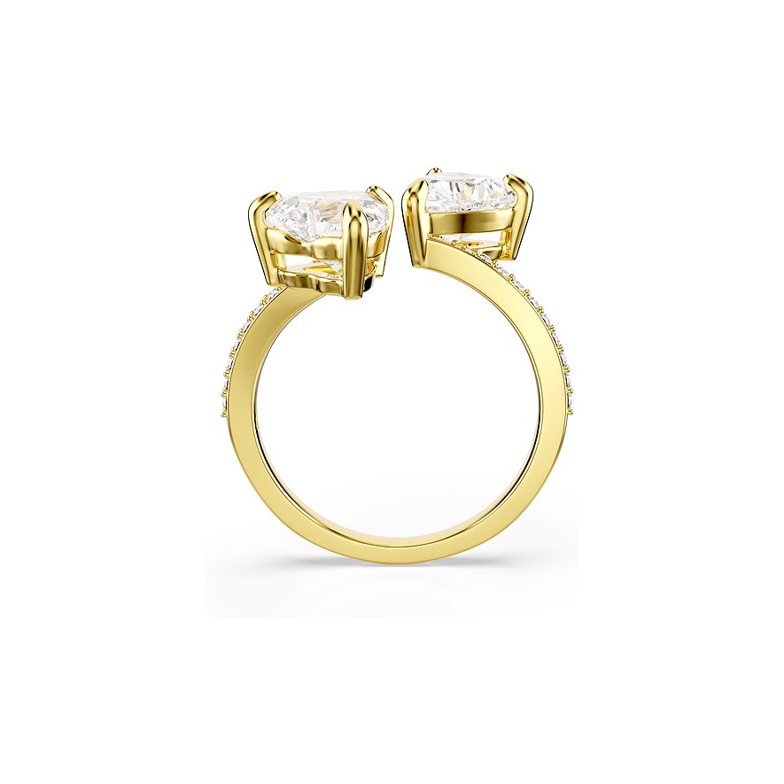 Swarovski ring van goudkleurig metaal met twee grote, heldere Swarovski kristallen en kleine stenen op de ringband.