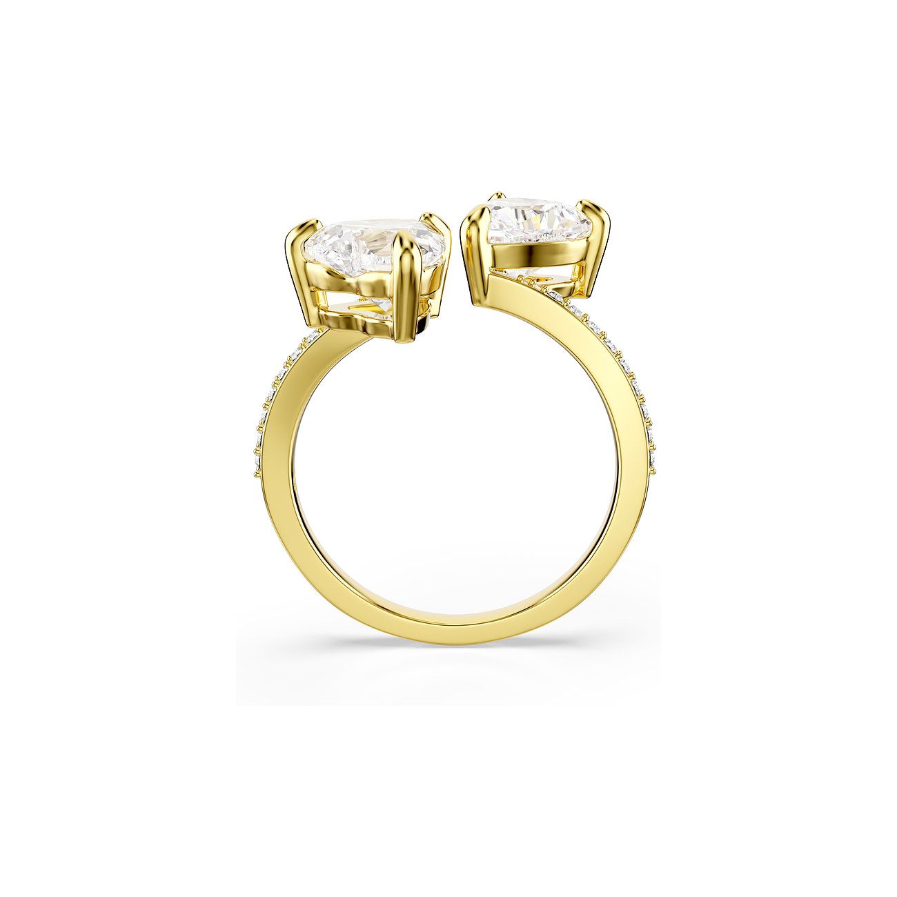 Swarovski ring van goudkleurig metaal met twee grote, heldere Swarovski kristallen en kleine stenen op de ringband.
