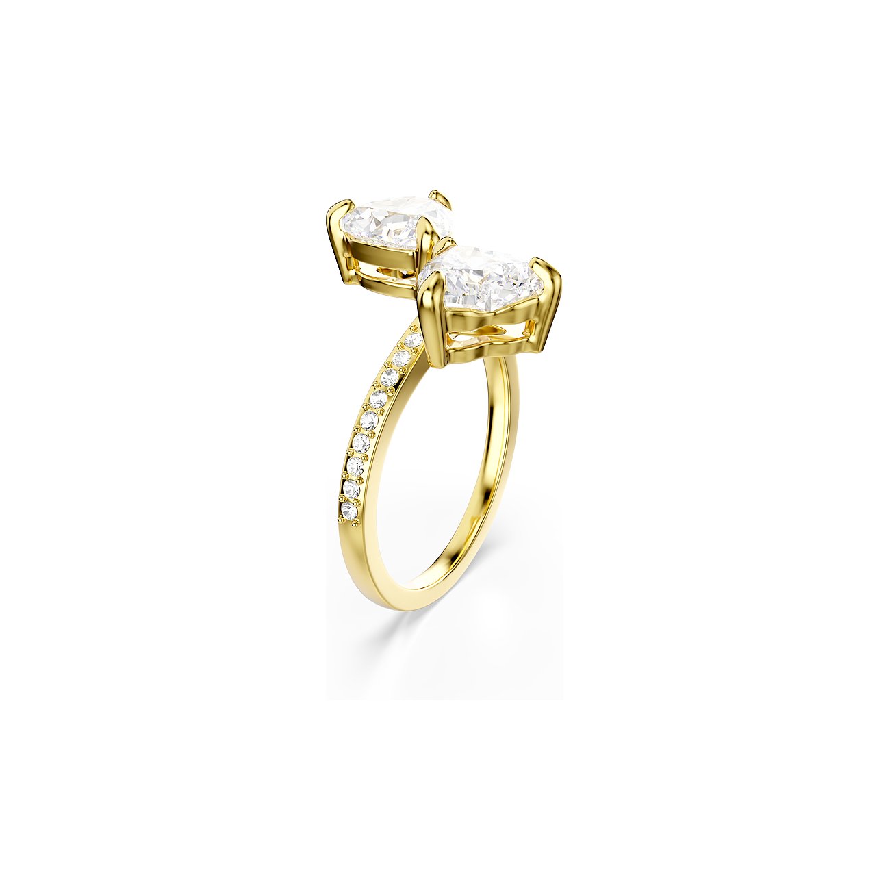 Naast elkaar liggende, peervormige Swarovski-kristallen op een goudkleurige Swarovski-ring met pavézetting.