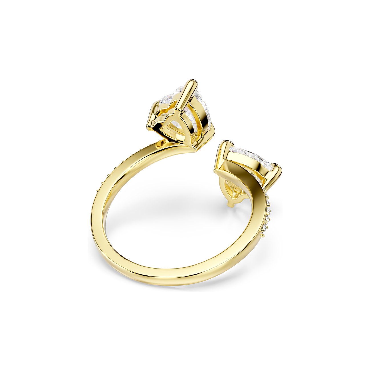Swarovski ring van goudkleurig metaal met open design en twee kleurige druppelvormige kristallen.