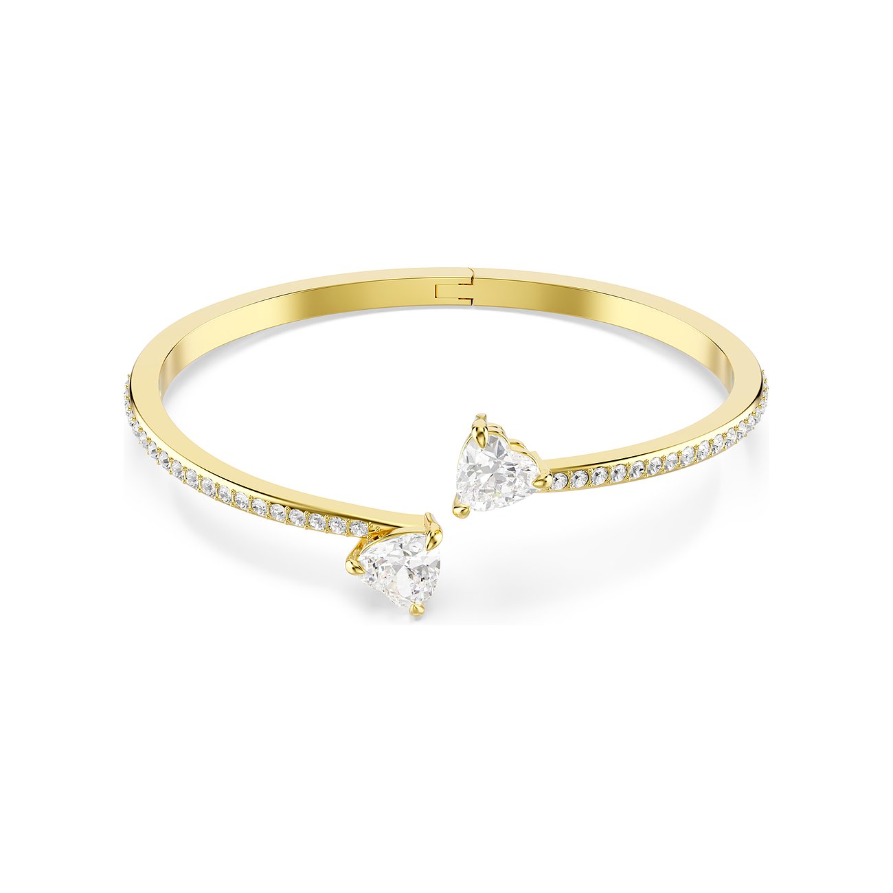 Swarovski Armreif aus goldenem Metall mit zwei herzförmigen Swarovski-Kristallen und kleinen Steinen an den Seiten.