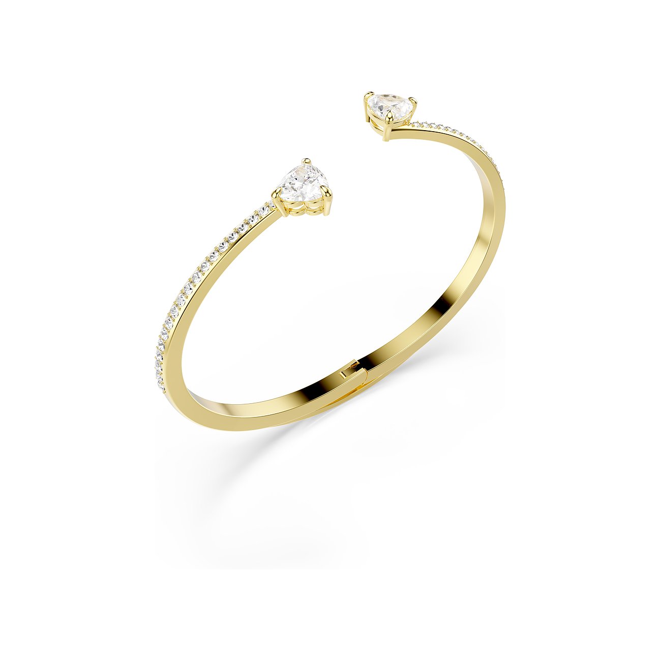 Swarovski Armreif aus goldenem Metall mit zwei tropfenförmigen Swarovski-Kristallen an den Enden, verziert mit kleinen Kristallen.