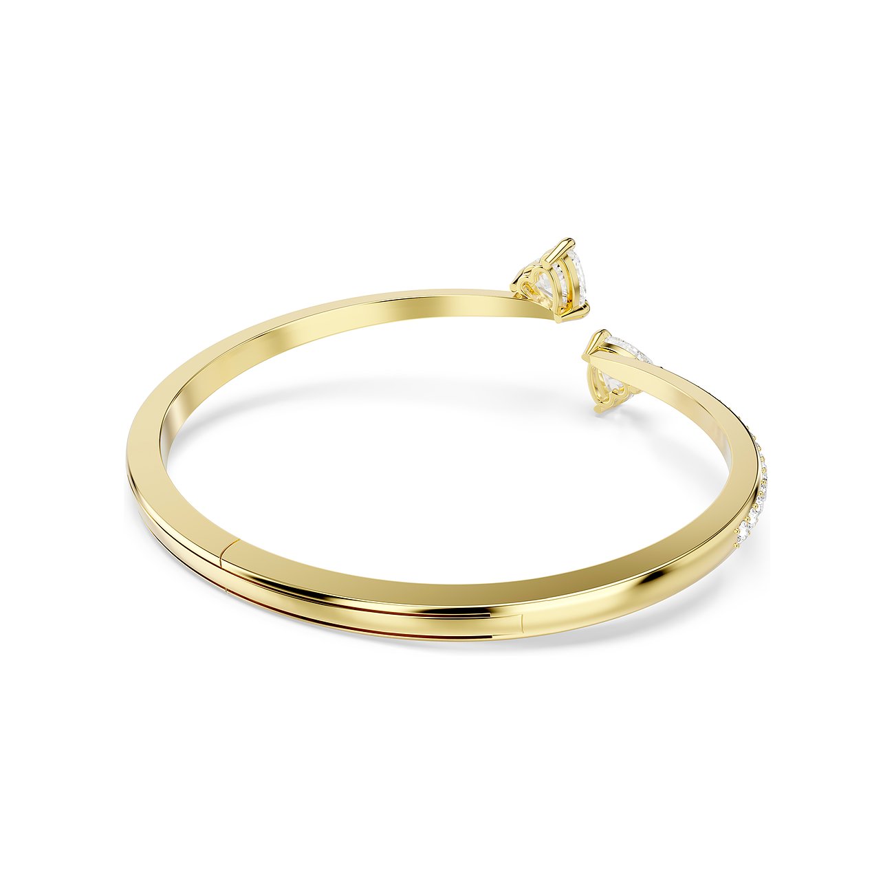 Swarovski Armschmuck aus, goldenem Metall mit einem tropfenförmigen Swarovski-Kristall an jedem Ende, darauf klare Steine.