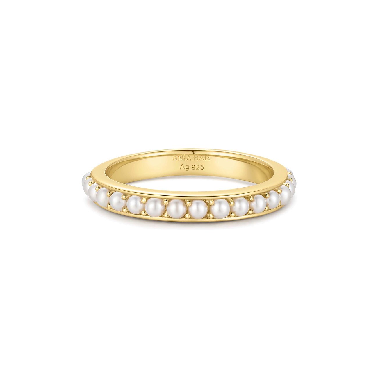 Ania Haie ring van geelgoud met een rij kleine parels die de gehele bovenzijde van de band sieren.