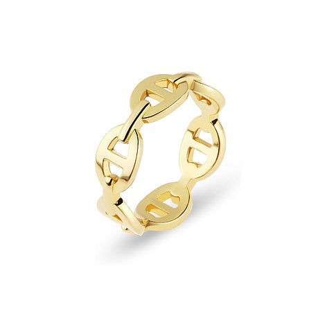 CHRIST Ring aus goldfarbenem Recycling-Silber, geformt als Kette mit Ankergliedern, von oben links betrachtet.