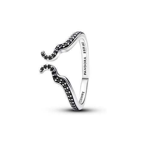 Pandora Silberring mit gewelltem Band, das mit schwarzen Kristallen besetzt ist und dem Pandora-Logo.