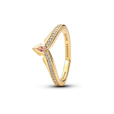 Pandora Ring aus goldenem Metall mit V-Form, besetzt mit klaren Zirkonia und einem ovalen rosafarbenen Zirkonia.