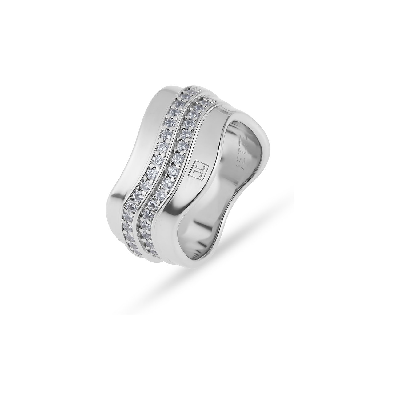 JETTE ring van gerecycled zilver met golvende, brede band & twee rijen zirkonia kleurstenen.