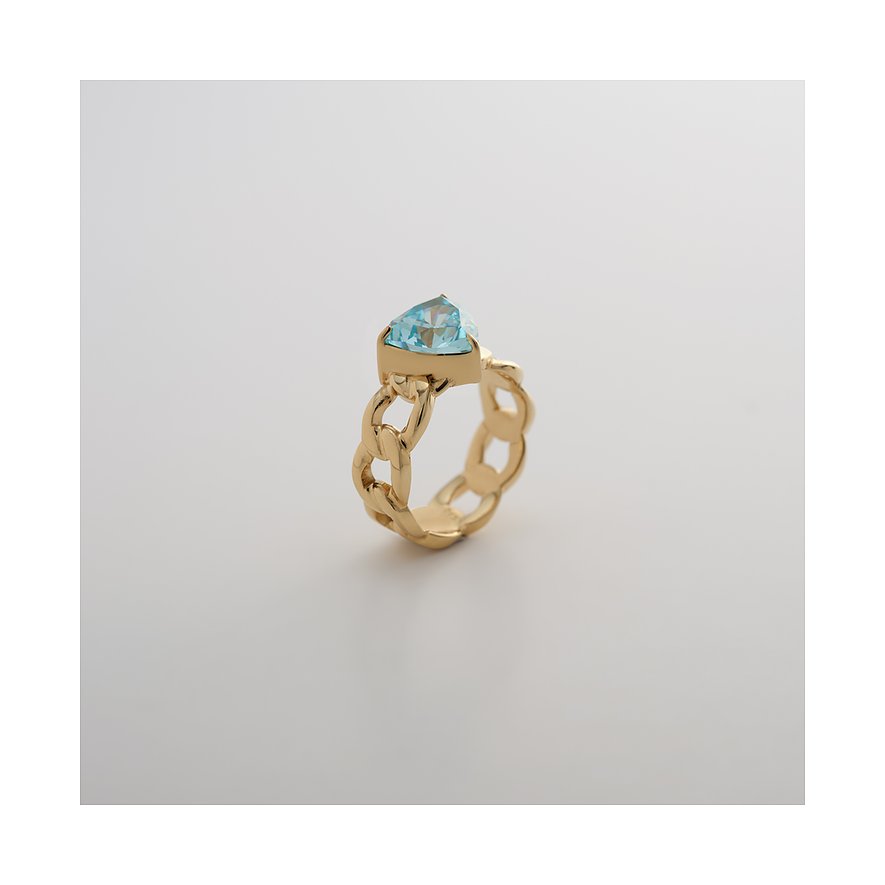 Guido Maria Kretschmer Ring aus goldfarbenem Edelstahl im Kettendesign mit einem türkisblauen Farbedelstein.