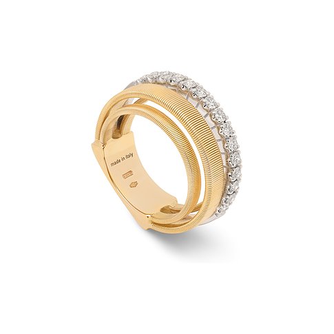 Marco Bicego Breiter Ring aus Gelb- und Weißgold mit drei Goldspiralen und funkelnden Diamanten.