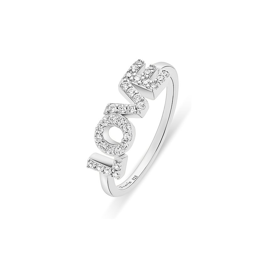 Een Tamaris zilveren ring van 925 zilver met het opschrift „LOVE“, bezet met sprankelende zirkonia-kleurstenen.