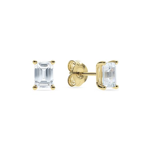 CHRIST Ohrschmuck aus Gelbgold mit einem funkelnden, rechteckigen Diamanten, der seitlich gehalten wird.