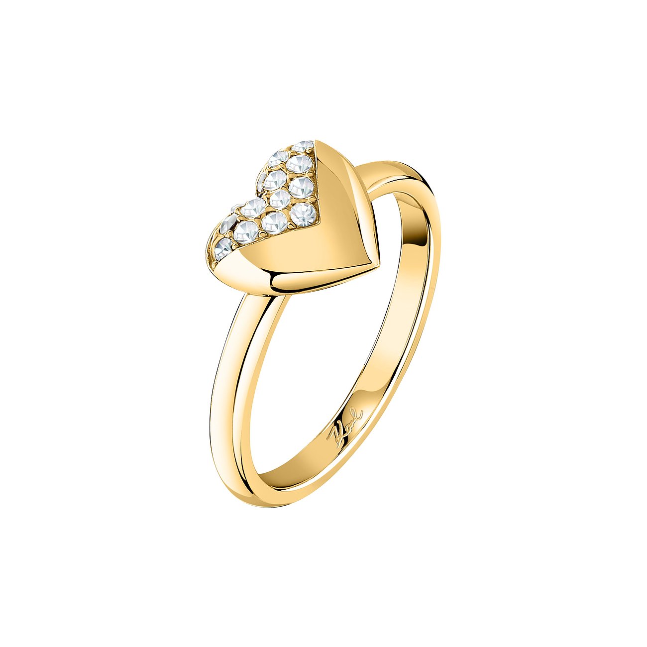Karl Lagerfeld ring i guldfarvet rustfrit stål med hjertemotiv, besat med funklende klare krystaller.