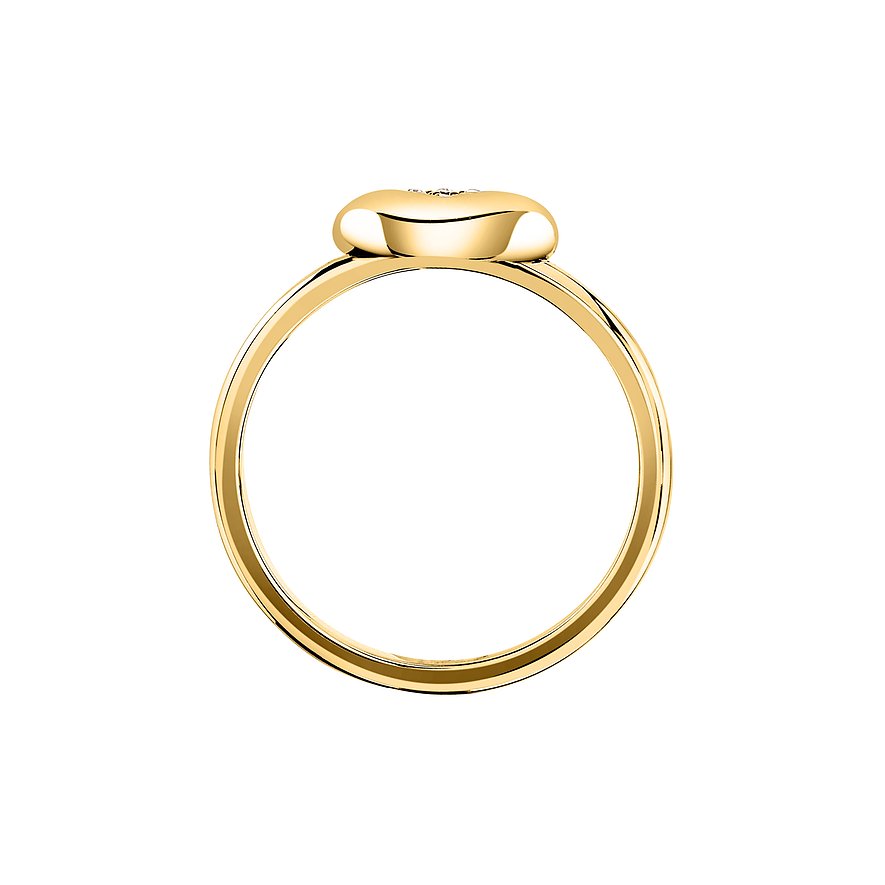 Karl Lagerfeld ring i guldfarvet rustfrit stål med rundt, hævet besætning, dekoreret med glitrende krystaller.