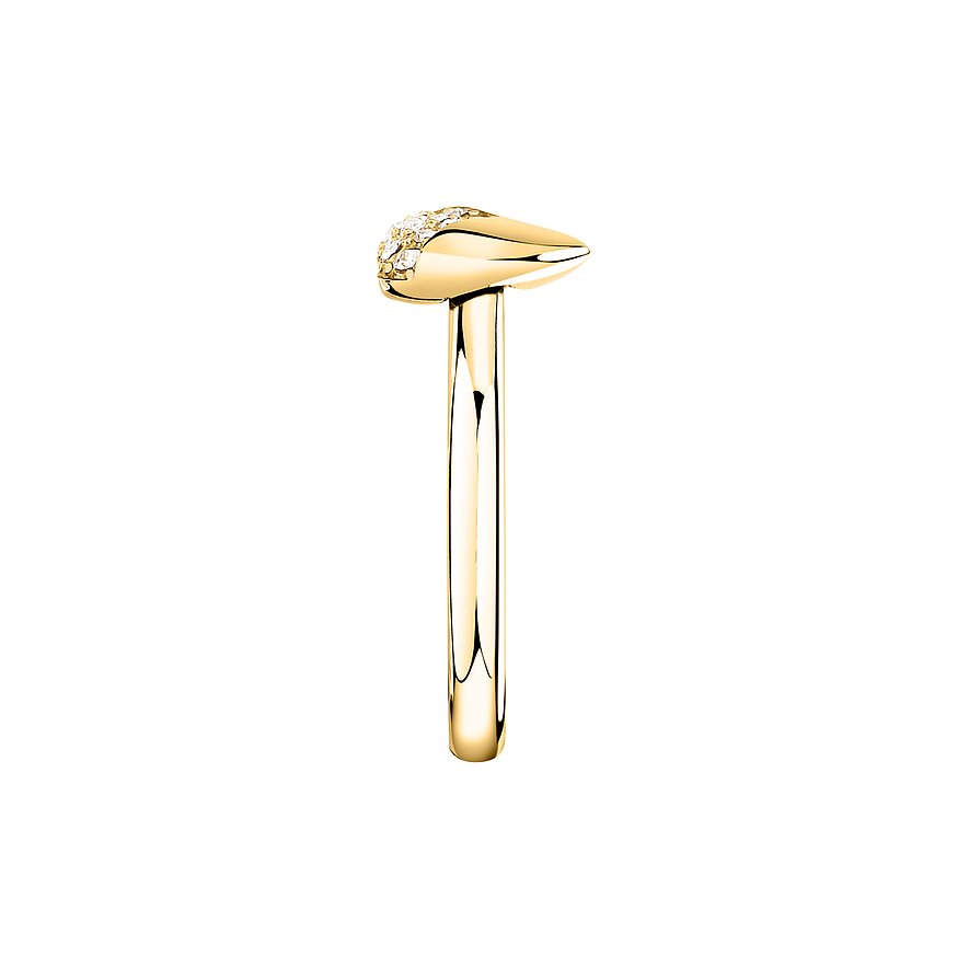 Karl Lagerfeld-ring i guldfarvet rustfrit stål med en pyramideformet spids, prydet med krystaller.