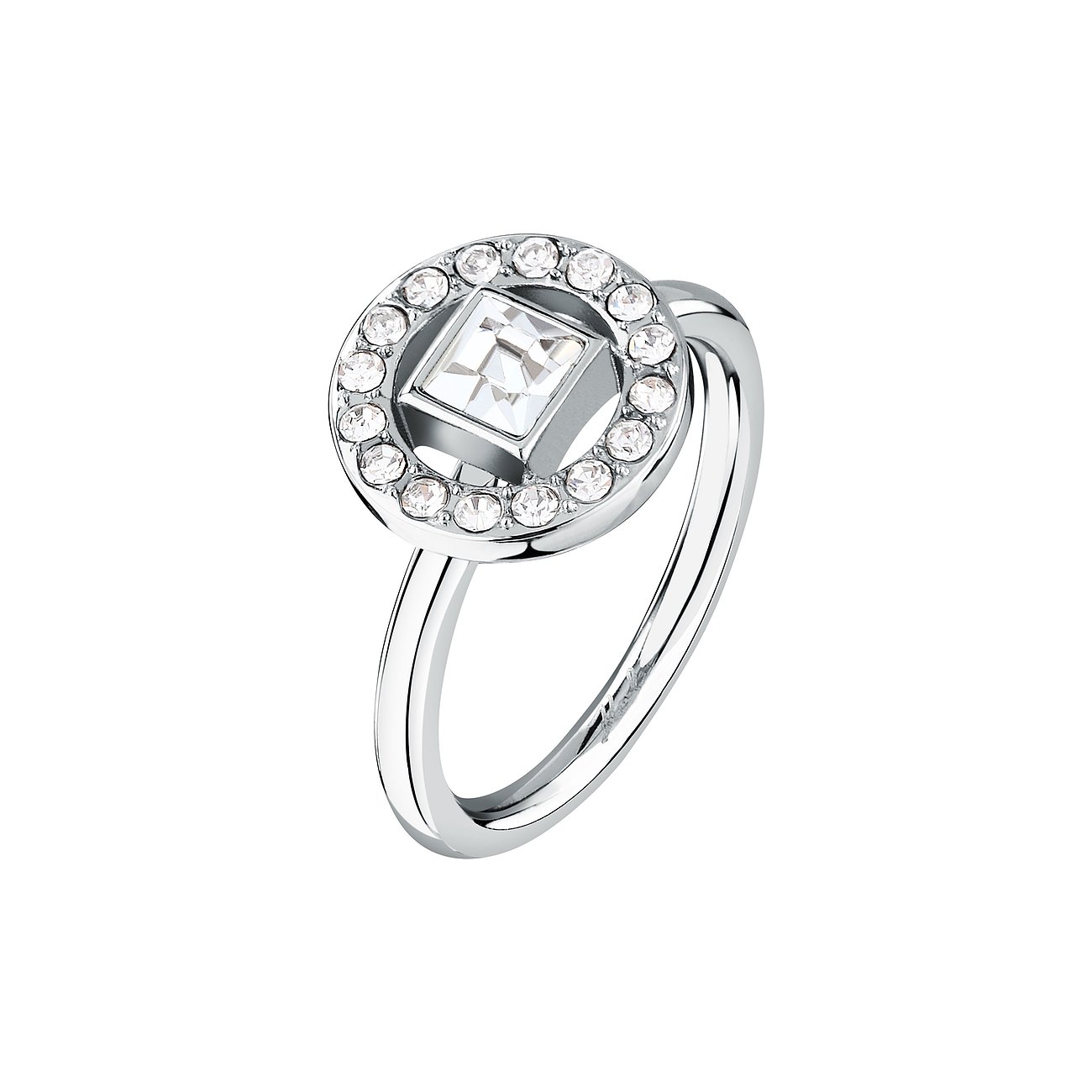 Bague femme Karl Lagerfeld en acier inoxydable brillant, avec un dessus rond orné de cristaux et un cristal central carré.