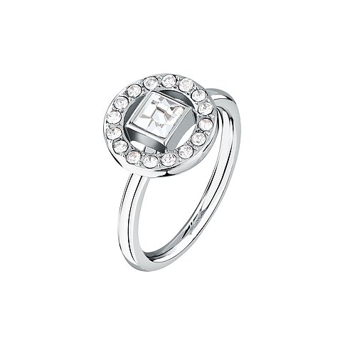 Karl Lagerfeld Damenring aus glänzendem Edelstahl mit rundem, kristallbesetztem Aufsatz und eckigem Mittelkristall.