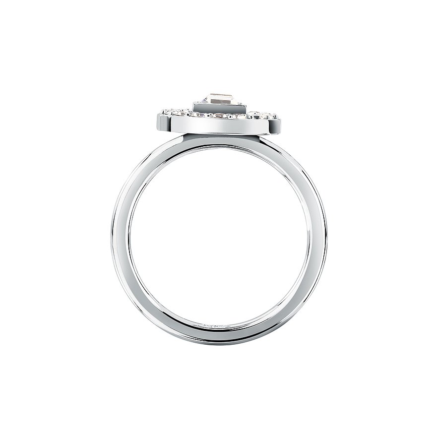 Bague Karl Lagerfeld en acier inoxydable brillant avec un cristal de couleur proéminent encadré de cristaux.