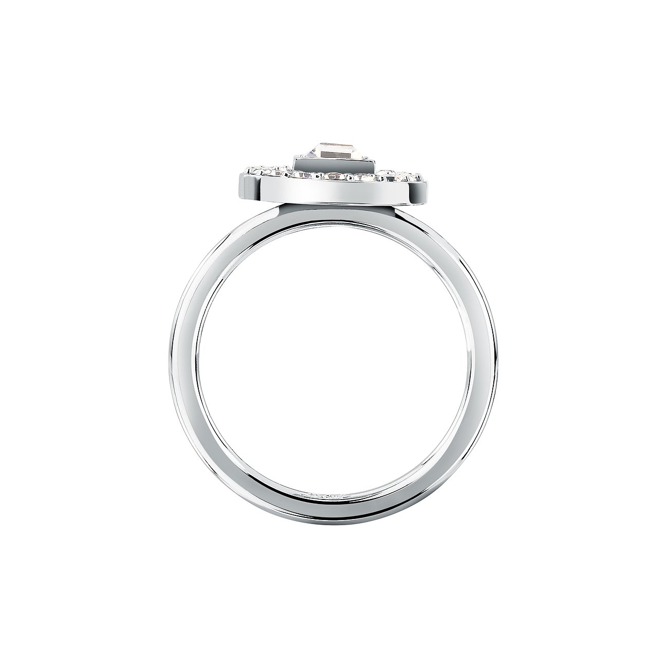 Bague Karl Lagerfeld en acier inoxydable brillant avec un cristal de couleur proéminent encadré de cristaux.