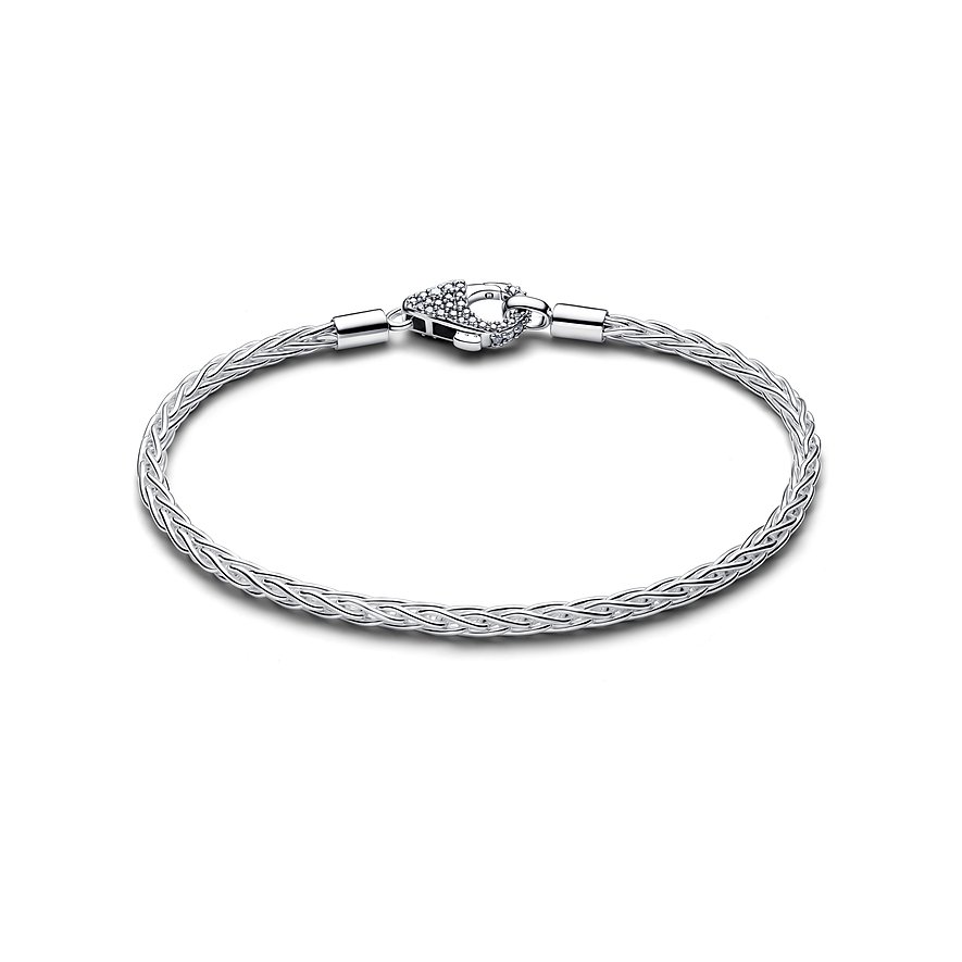 Pandora Armschmuck aus Silber geflochten, mit einem herzförmigen Verschluss, der mit Zirkonia-Farbsteinen besetzt ist.