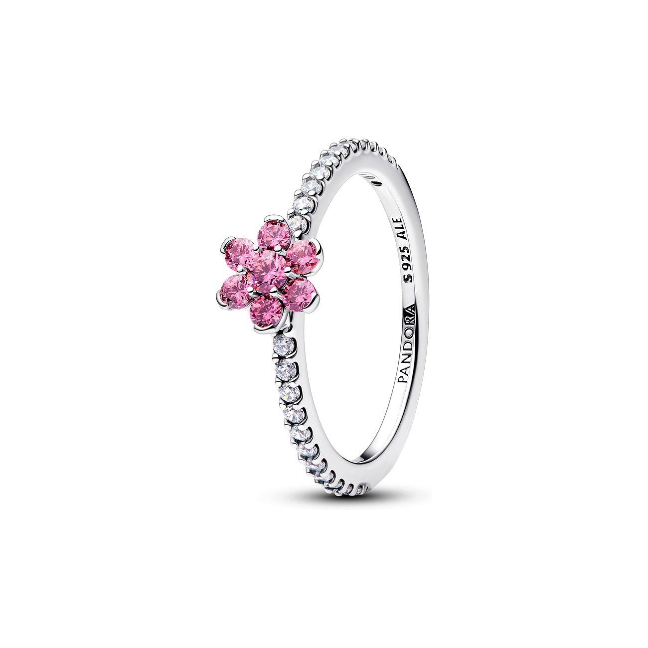 Pandora Ring aus 925er Silber mit rosa Zirkonia im Blumenmuster und klaren Zirkonia an der Ringschiene.
