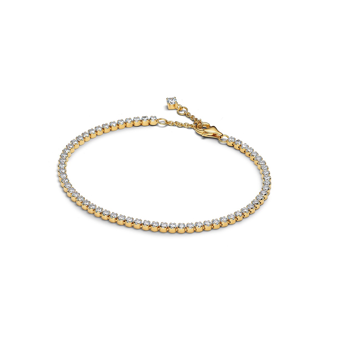 Ein Pandora Armschmuck aus gelb-goldenem Metall, besetzt mit vielen runden Zirkonia-Steinen in einer Linie.