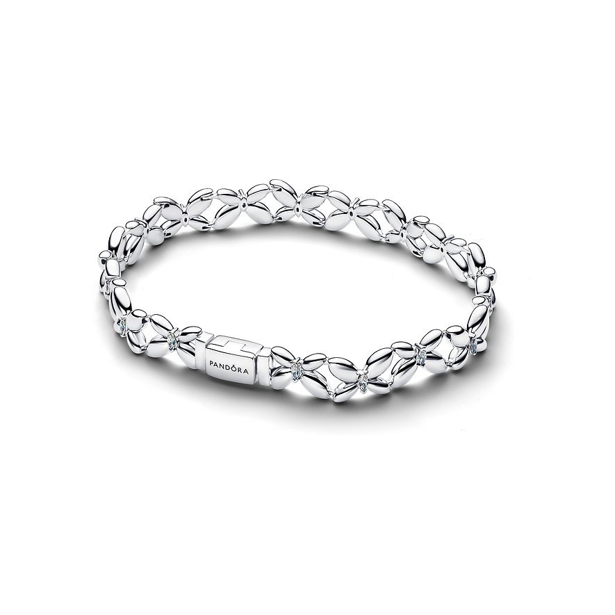 Eng anliegendes Pandora Armband aus Silber mit Zirkonia-Steinen. Es besteht aus floralen Elementen.