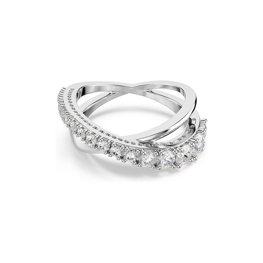 Een sprankelende Swarovski metalen ring met een dubbele, kruisende bandvorm, versierd met heldere Swarovski-kristallen.