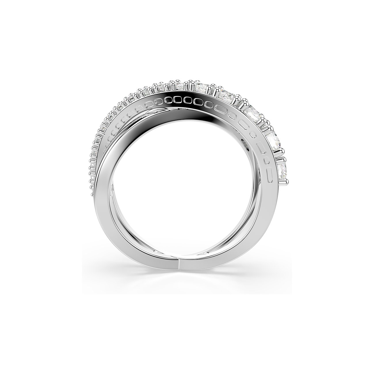 Swarovski metalen ring met twee verstrengelde banden, waarvan één bezet met stralende Swarovski-kristallen.