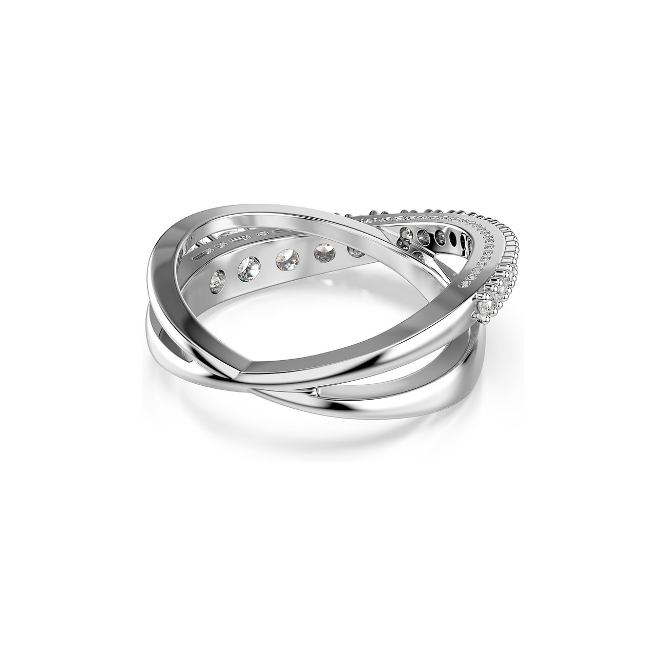 Een gedraaide Swarovski metalen ring met talloze ronde, heldere Swarovski kristallen, op een witte achtergrond.