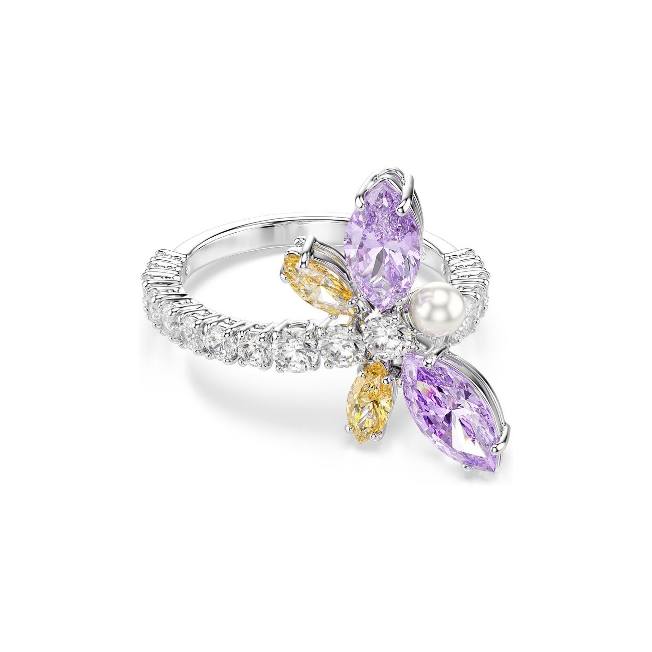 Swarovski Ring aus Metall mit violetten und gelben Farbsteinen in Schmetterlingsform und einer Perle.
