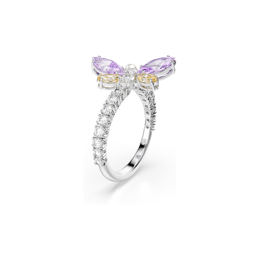 Ein funkelnder Swarovski Schmetterlingsring aus Metall mit lilafarbenen und gelben Swarovski Farbsteinen.