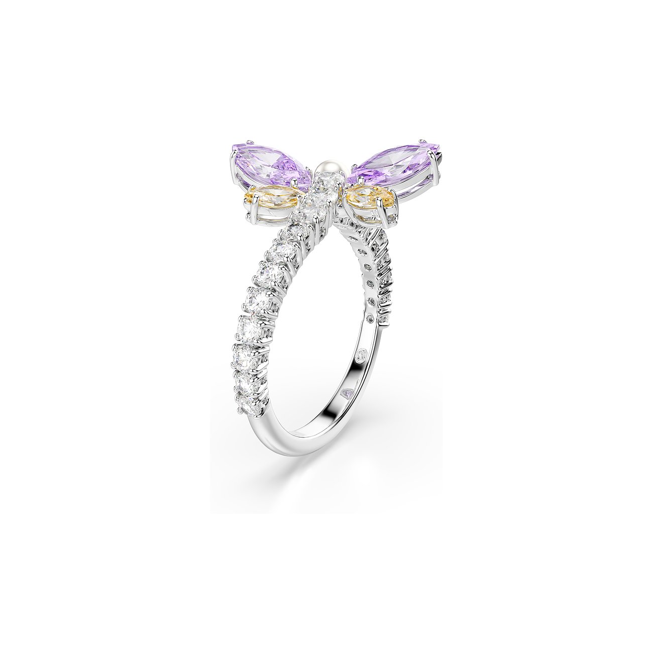 Ein funkelnder Swarovski Schmetterlingsring aus Metall mit lilafarbenen und gelben Swarovski Farbsteinen.