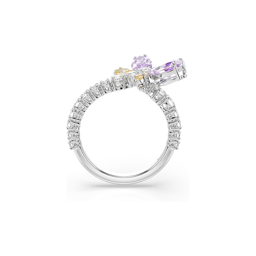 Swarovski Metallring mit einer Reihe klarer Kristalle und dreifacher Fassung mit lila und gelben Farbkristallen.
