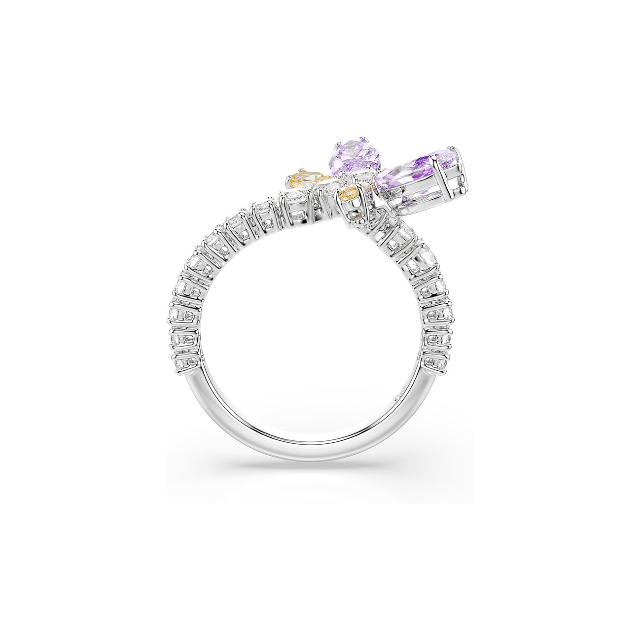 Swarovski Metallring mit einer Reihe klarer Kristalle und dreifacher Fassung mit lila und gelben Farbkristallen.