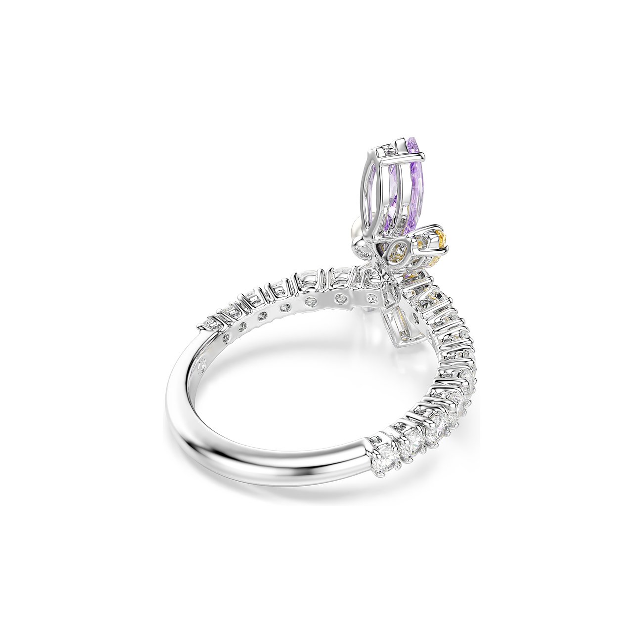 Swarovski Metallring mit klaren und farbigen Swarovski Kristallen in Violett und Gelb, oben in Schmetterlingsform.