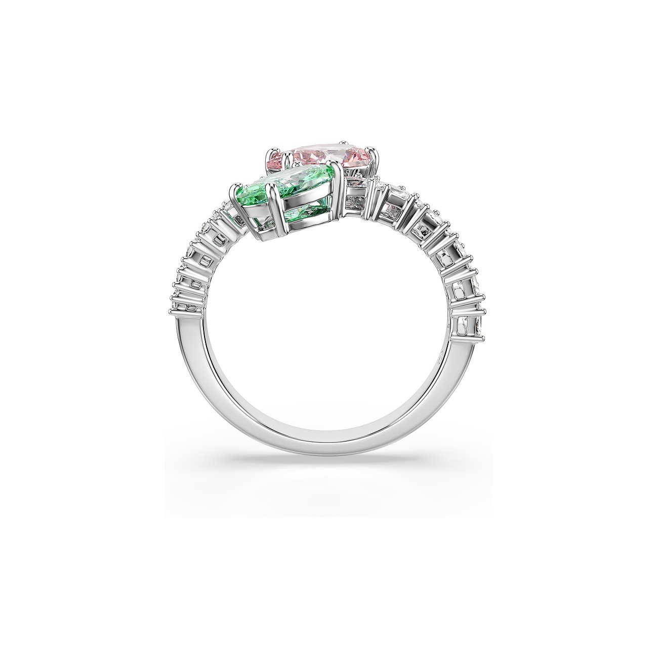 Ein Swarovski Metallring mit farbigen Swarovski Kristallen. Er hat einen grünen und rosa Stein sowie kleine weiße Steine.